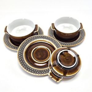 3 soup cups with saucers made of porcelain SCHERZER Original 60/70&#39;s  Boho Farmhouse Christmas