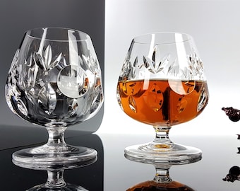 2 copas de coñac/brandy de cristal de mediados de siglo, estilo rockabilly noble, de cristal de plomo, estilo vintage para bar.