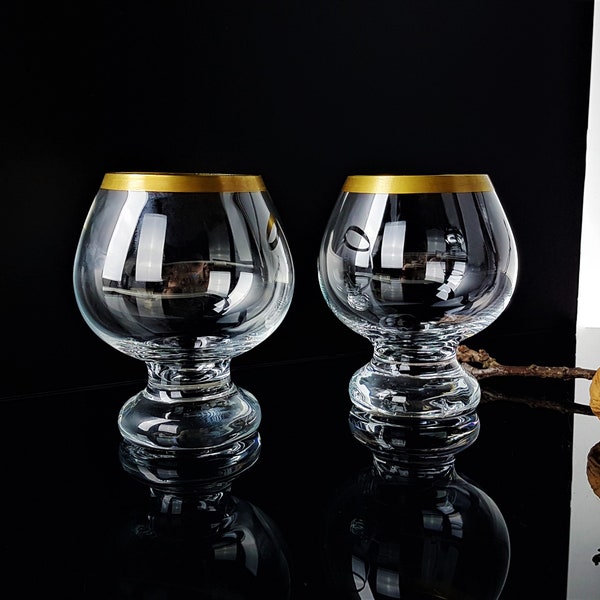 2 vintage cognac / brandy glasses  with gold rim noble bar cognac snifter 70s Christmas