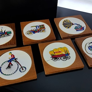 Coasters Set made of wood Wooden coasters with nostalgic colorful pictures Glass coasters Mid Century Vintage Boho Bohemians