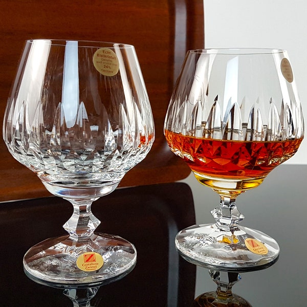 2 noble crystal cognac / brandy glasses by Zwiesel Rockabilly lead crystal Vintage Bar Mid Century