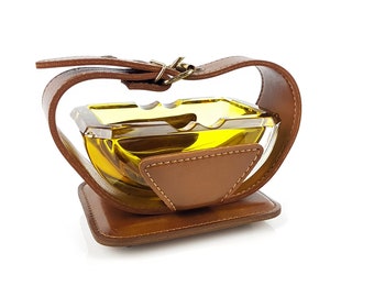 Noble ashtray made of solid, heavy glass in leather Vintage Mid Century