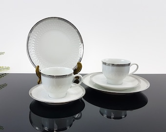 2 Vintage Kaffeegedecke Tassen Bavaria Mitterteich Porzellan Ersatz Geschirr Alte Serien Sammeltasse Weiß Platinrand
