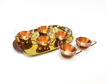 6 Tea Glasses / Tea Cups with Tray 50's / 60's Tea Set Copper Mid Century Teaware Boho Vintage Christmas