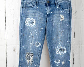 Ripped women's jeans Hand Painted Customized jeans jacket Shimmer Silver Roses Handmade one of a kind metallic paint