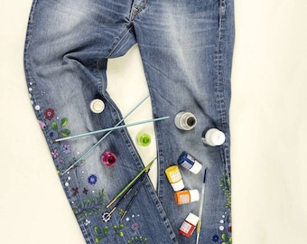 Hand Painted custom boho jeans Bootcut women's painted clothing Flowers handmade festive spring summer wear hand painted personalised