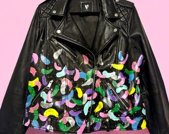Custom Leather Hand Painted Jacket Bespoke Leather Denim Jacket Colourful Jacket Bespoke  Jacket