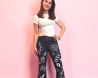 Tattoo Style Hand Painted Jeans, Indie Boho Flared Customized Jeans, Statement Jeans, Vintage design, Featival Clothing, Personalised Jeans