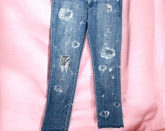 Distressed women's jeans Hand Painted Customized Jeans Jacket Shimmer Silver Roses Handmade Metallic Paintings Art on Denim Leather