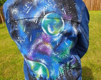 GALAXY Jacke, maßgeschneiderte Jeansjacke, Nachthimmel gemalte Jacke, Kosmos Planeten, Herren Damen Jeansjacke, personalisierte Jacke