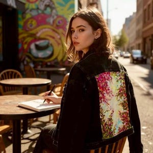 Giacca personalizzata con decorazioni su abbigliamento, bellissimi fiori, giacca dipinta a mano per lei, idea regalo, arte astratta, giacca in denim dipinta a mano