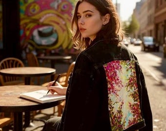Custom Jacket Artworkon Clothes Beautiful Flowers Custom Painted Jacket for her Present Idea Abstract Art Hand painted Denim Leather Jacket
