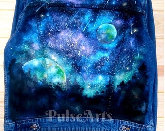 Bemalte Jeansjacke Cosmic Jacke Galaxy Jacke Helle Farben Handbemalte Jacke Auf Bestellung Jacke Geschenk für Ihn Sie