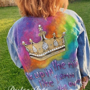 Custom painted jacket, luxury jacket, rhinestones on clothes, bright fashion jacket, customized jacket, hand painted denim jacket, unique