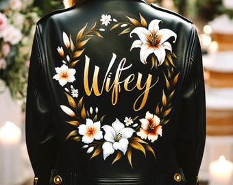Custom Bridal Jacket Custom Wifey Bridal Jacket | Hand-Painted PU Leather Wedding Jacket | Floral Bride Gift | Personalised Leather Jacket f
