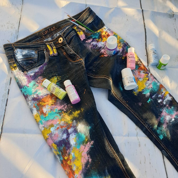 Blots on Jeans Paint Splatter Graffity Jeans Jacket Painted Jeans Custom Painted  Jeans Upcycled Jeans Denim Jacket Bootcut Jeans 