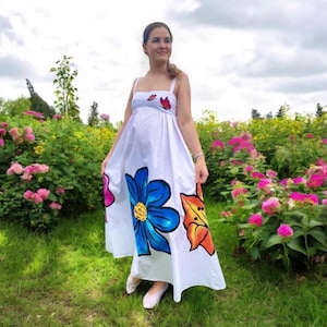 Women&#39;s Summer Dress Hand Painted Dress Customised Dress Flowers on Clothes Wearable Art Summer Dress Holiday Dress Floral Dress Designer