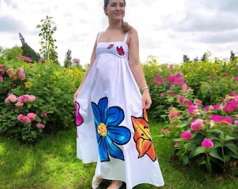 Women's Summer Dress Hand Painted Dress Customised Dress Flowers on Clothes Wearable Art Summer Dress Holiday Dress Floral Dress Designer