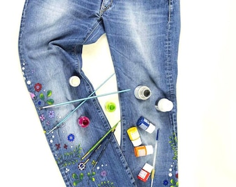 Hand Painted custom boho jeans Bootcut women&#39;s painted clothing Flowers handmade festive spring summer wear hand painted personalised