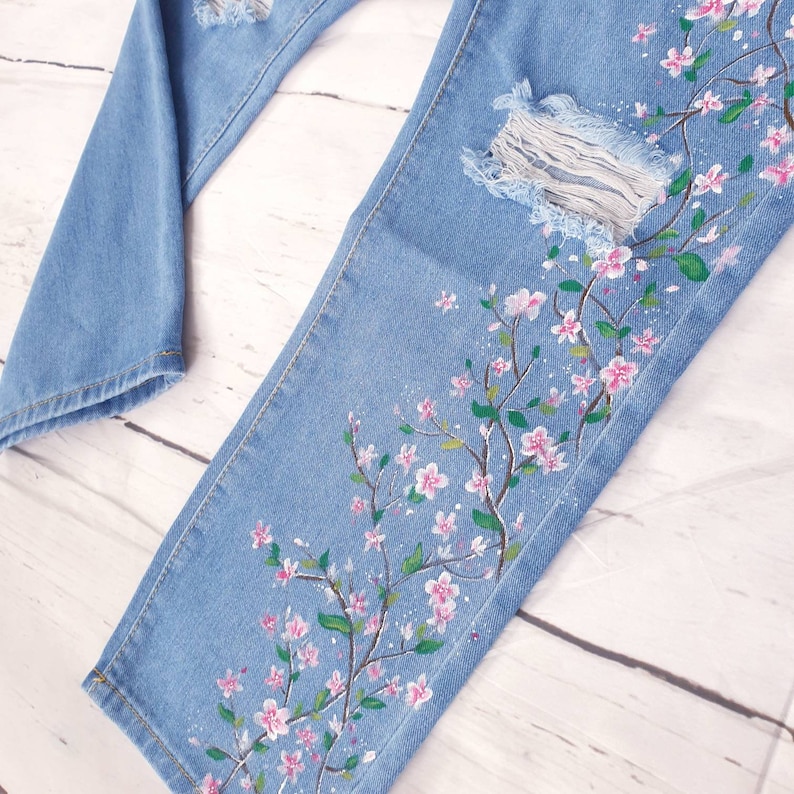 Blossom Painted Jeans Flowers on Jeans Denim Clothes Upcycle Etsy UK