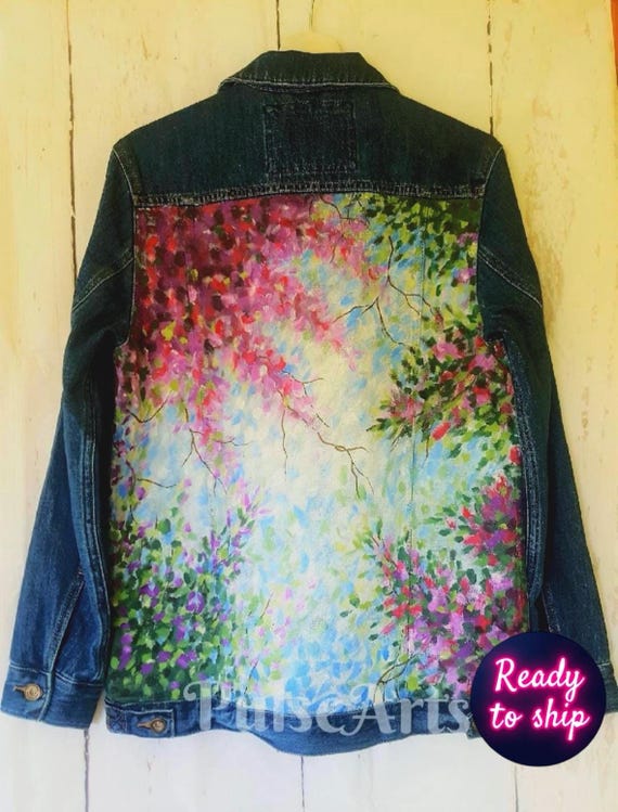 Ready to ship Hand Painted Denim Jacket, Custom Painted Jacket, Flowers on Denim, Personalised Jacket, Birthday Present, Oversized Jacket