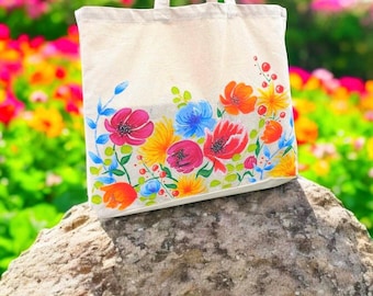 Hand Painted Tote Bag Large Canvas Beach Bag Shopping Bag with Flowers  Bright Tote Custom Tote Bag Gift Idea