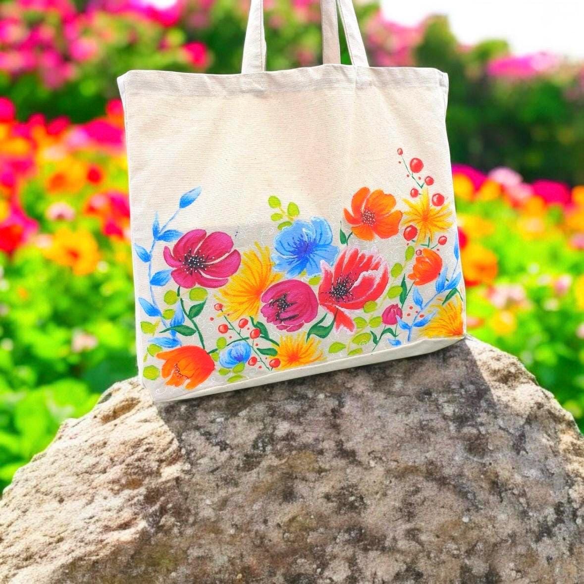 Hand Painted Tote Bag Large Canvas Beach Bag Shopping Bag With Flowers Bright Tote Custom Tote Bag Gift Idea Etsy