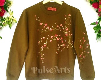 Hand painted Sweatshirt, Cherry Blossom, Painted Sweatshirt, Wearable Art, Flowery Clothes, Woman Sweatshirt, Size S, Christmas present