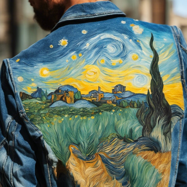 Custom painted Starry Night Van Gogh style Jacket for man woman, Customised clothing, leather denim painted jackets, custom clothes, paintin