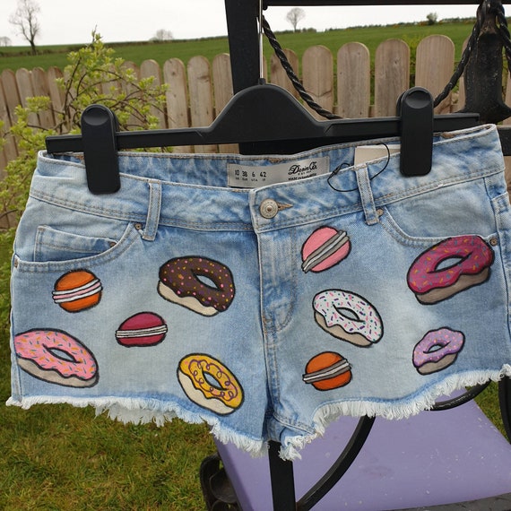 PulseArts Hand Painted Shorts Donuts On Shorts Women s Summer Denim Shorts Custom Painted Shorts Gift Idea for Friend Festival Beach Clothes Colorful