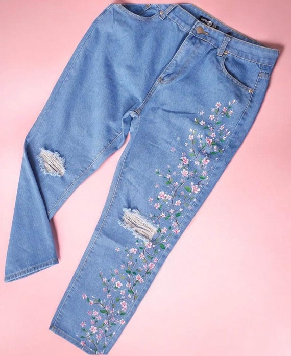 Blossom Painted Jeans Flowers on Jeans Denim Clothes Upcycle