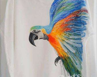 Painted t shirt Hand painted top Woman's t shirt Parrot on clothes Animal on shirt t shirt Gift for her Birds on t shirt Hand painted tshirt