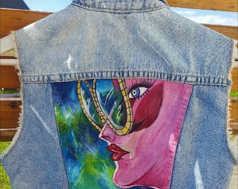 Handbemalte Jeansweste, Maßgefertigte ärmellose Jacke, Maßgeschneiderte Jacke, Handbemalter ärmelloser Blazer, Maßanfertigung Jacke