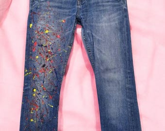 Splatter jeans Hand painted jeans Customized jeans jacket waistcoat mens womens jeans artist clothes gift for artist