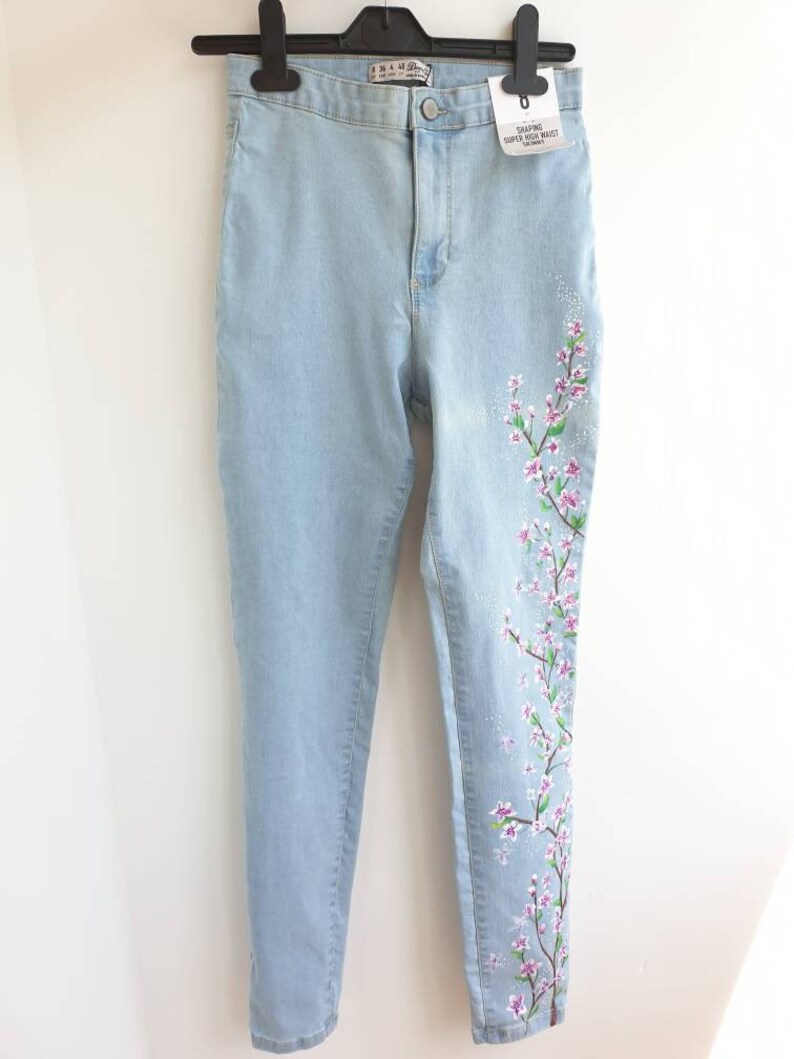 Cherry Blossom Hand Painted Denim Jeans