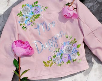 Custom Bridal Painted Jacket Wifey Custom Jacket Bespoke Leather Denim Jacket Calligraphy Jacket Wedding Jacket Mr & Mrs jackets for couple
