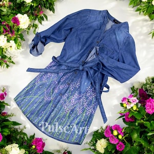 Women&#39;s Denim Dress Hand Painted Dress Customised Dress Flowers on Clothes Wearable Art Summer Dress Gift for Her Shirt Tie Dress Present