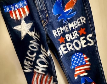 Graffiti Jeans Painted USA Patriotic Theme Jeans Custom Painted