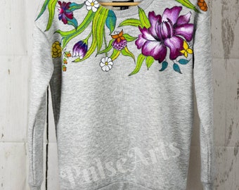 Custom painted sweatshirt Grey Women's Sweatshirt with Colorful Flowers Wearable Art Winter Clothing Gift for Her Christmas gift jumper