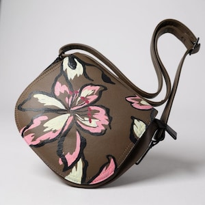 Hand Painted Taupe Bag Cross body Bag with Abstract Floral Design Gift Idea Faux Leather Meduim size bag Unique Bag Design