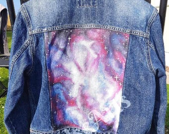 Hand painted Denim Jacket, Custom painted jacket, Woman's jacket, Cosmos jacket, painted jacket