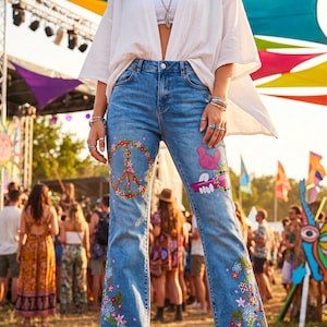 Può includere: Jeans di denim blu chiaro con disegni floreali e del simbolo della pace. I jeans hanno una gamba svasata e sono decorati con fiori ricamati colorati e un simbolo della pace sul davanti. È presente anche una grafica di un uccello rosa.