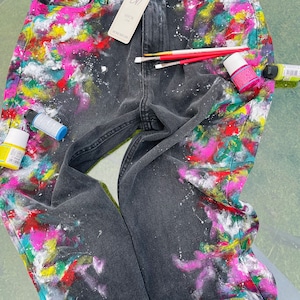 Graffiti Jeans Jacket Painted Jeans Custom Painted Jeans Upcycled Jeans Denim Jacket Bootcut Jeans Splatter Paint on Jeans Fun Summer Jeans