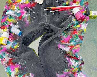 Giacca jeans graffiti Jeans dipinti Jeans dipinti personalizzati Jeans riciclati Giacca di jeans Jeans bootcut Vernice schizzata su jeans Jeans estivi divertenti
