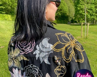 Ready to ship Amazing Oversized Black Denim Jacket with painted and embroidery details, Unique Jacket, Custom Jacket, One of a Kind