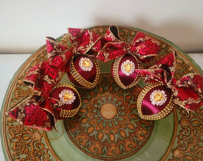 Limited Edition Set of Four Handcrafted Christmas Ornaments in Wine and Gold