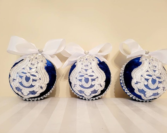 Limited Edition Set of Three Handcrafted Christmas Ornaments in Blue and White