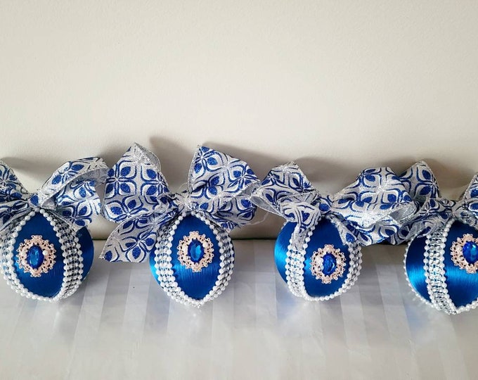 Limited Edition Set of Four Handcrafted Boxed  Christmas Ornaments in Blue and White