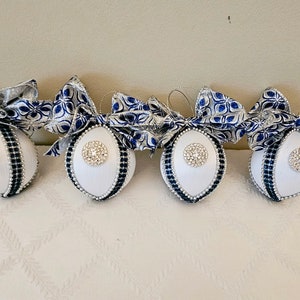 Limited Edition Boxed Set of Four Handcrafted Christmas Ornaments in White, Blue, and Silver