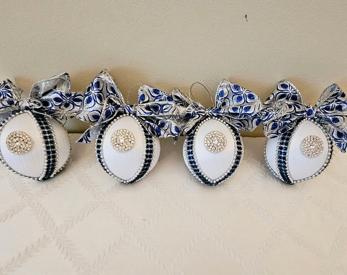 Limited Edition Boxed Set of Four Handcrafted Christmas Ornaments in White, Blue, and Silver